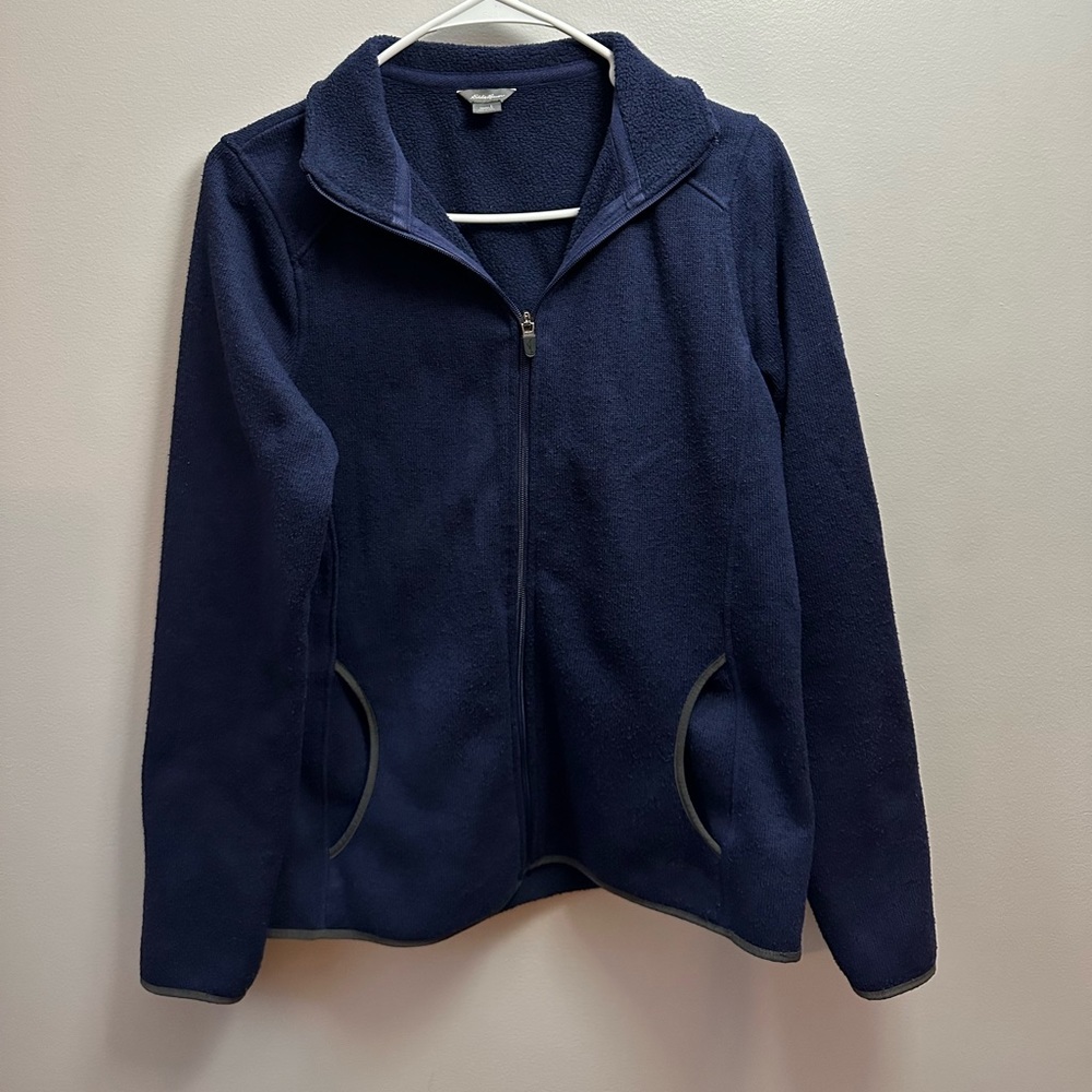 Blue Eddie Bauer women’s zip up sweater. Size L  100% Polyester